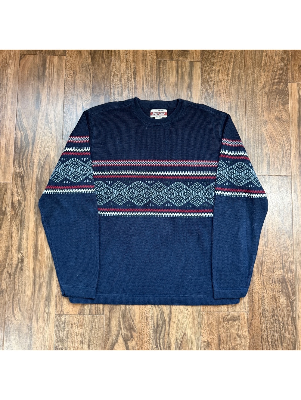 Vintage Eddie Bauer Sport Shop Sweater Fair Isle Mens L Navy Blue Cotton